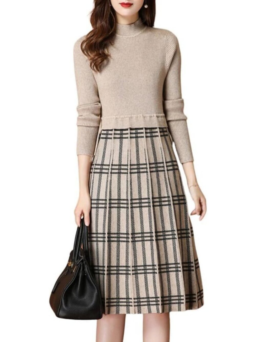 Vintage Plaid Checkered Color Block A-Line Pleated Midi Sweater Dress